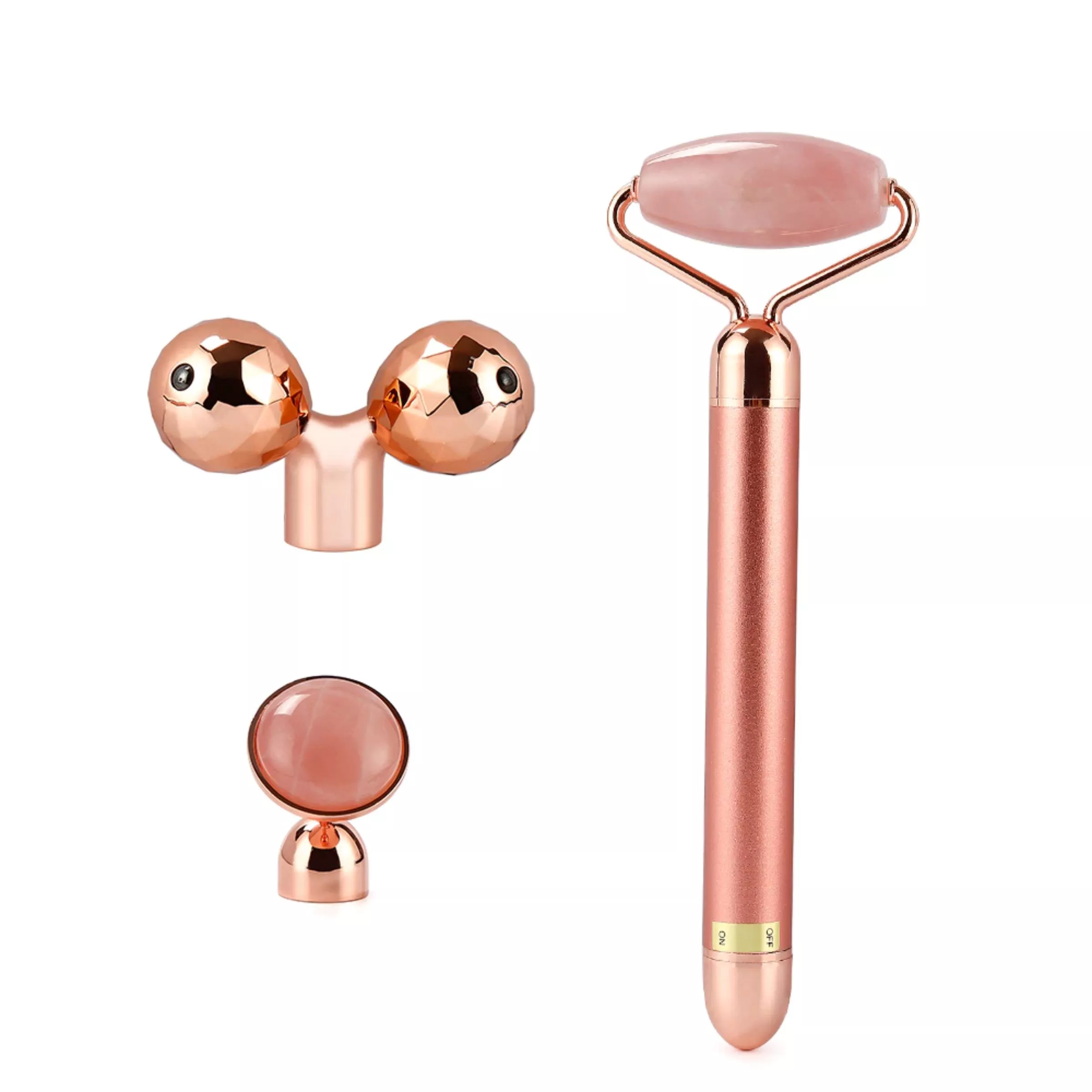 MASAJEDOR DE CUARZO 3 EN 1_3 Masajeador Facial Cuarzo Rosa Rodillo Vibrador 3 En 1 - Imagen 3