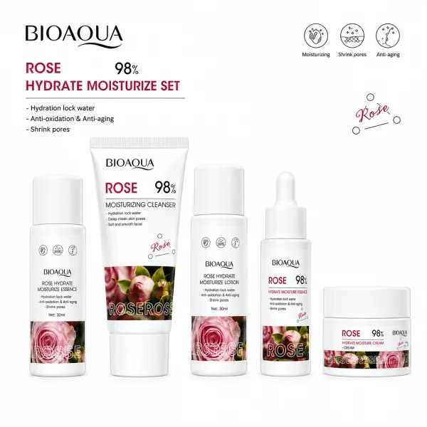 KIT DE LUJO SET DE CINCO PIEZAS PARA CUIDADO FACIAL ROSAS + AC HYALURONICO BIOAQUA